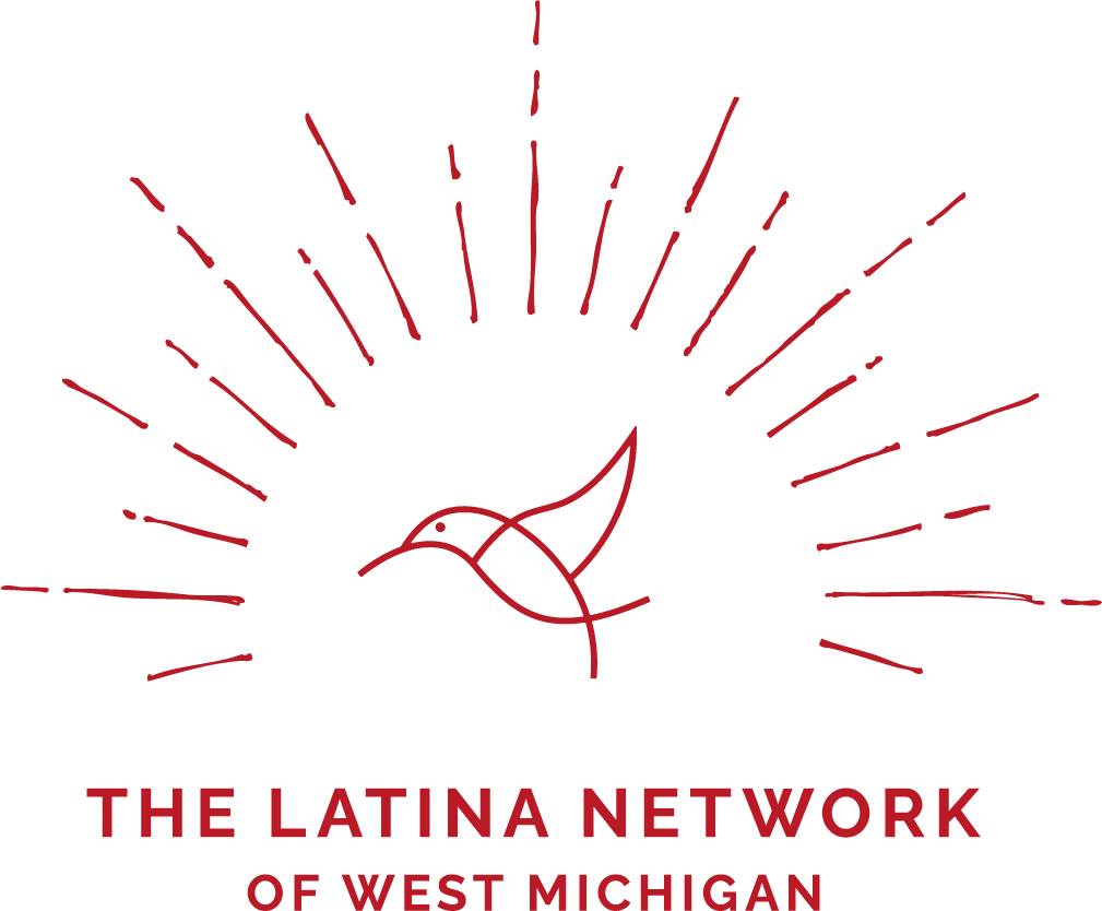 Latina Network of West Michigan logo of a red hummingbird with red sunburst rays